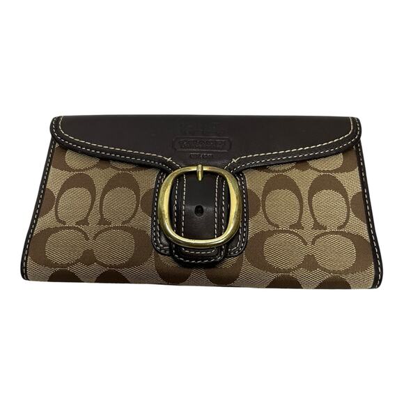 Authentic COACH Bleecker Signature jacquard Checkbook Wallet Brown - Picture 1 of 11